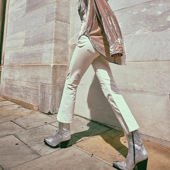 Free People Silver Metallic Booties Etched Metal Toe Western Boots for W…